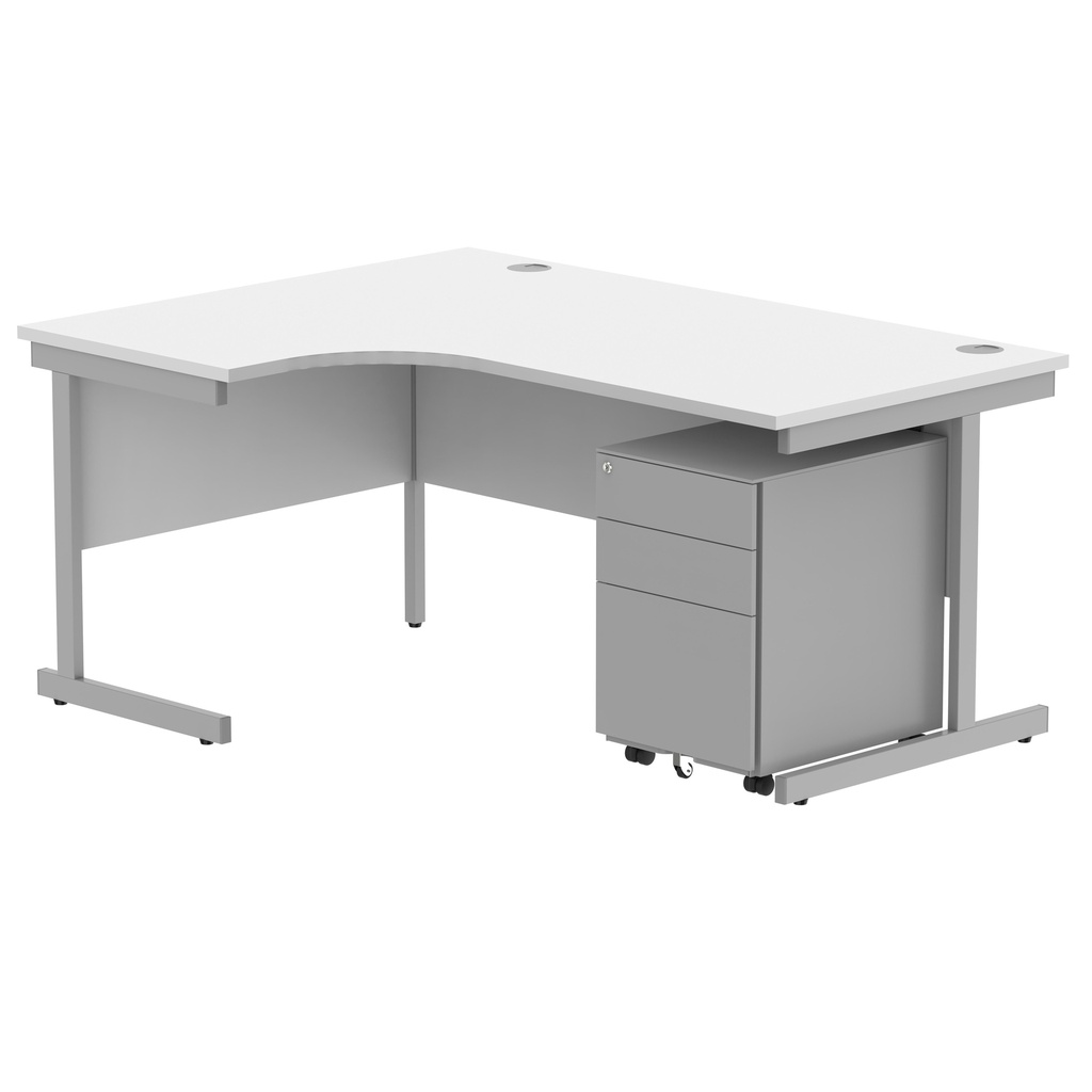 CORE Single Upright Left Hand Radial Desk + Under Desk Steel Pedestal 3 Drawers (FSC) | 1600 X 1200 | Arctic White/Silver
