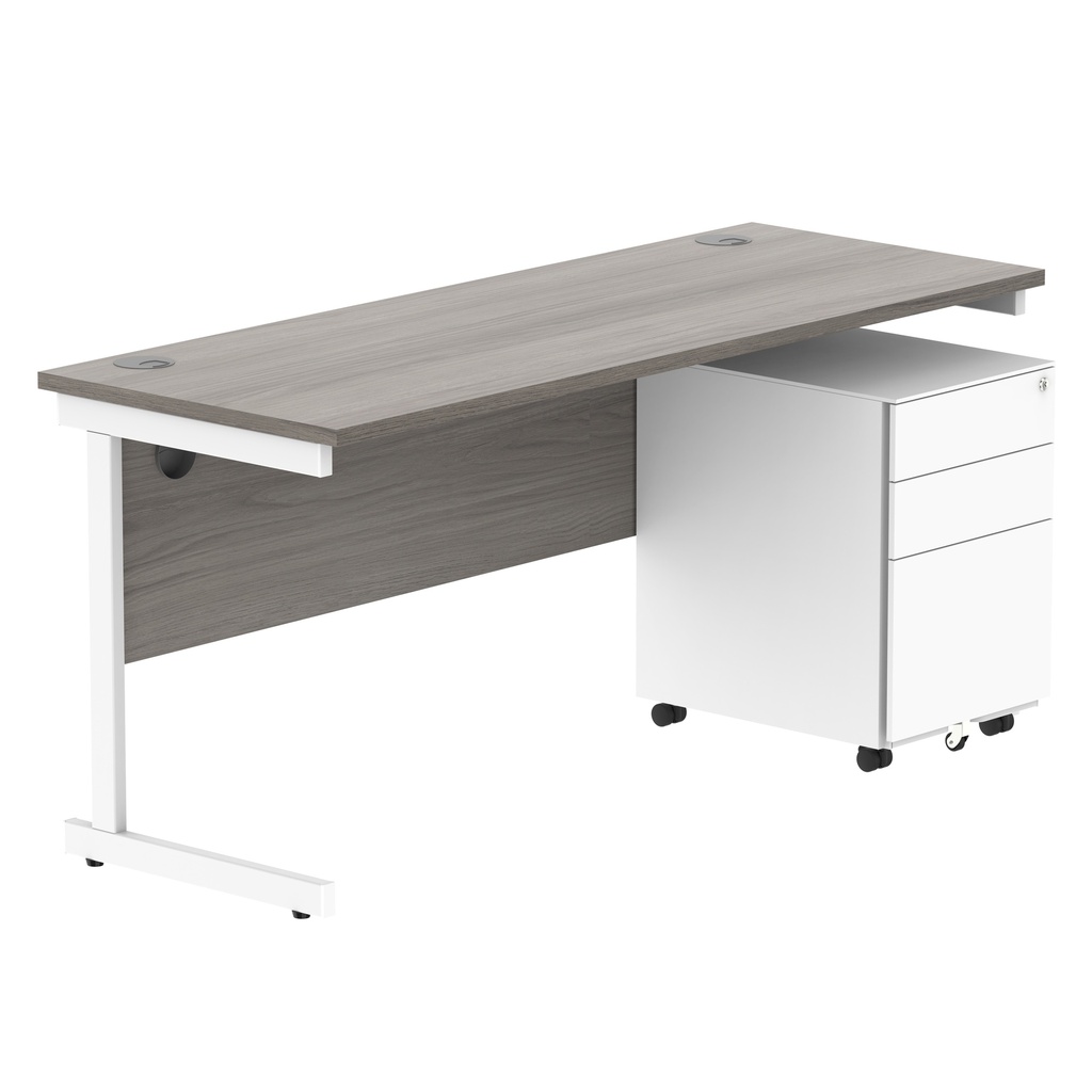 CORE Single Upright Rectangular Desk + Under Desk Steel Pedestal 3 Drawers (FSC) | 1600 X 600 | Alaskan Grey Oak/White