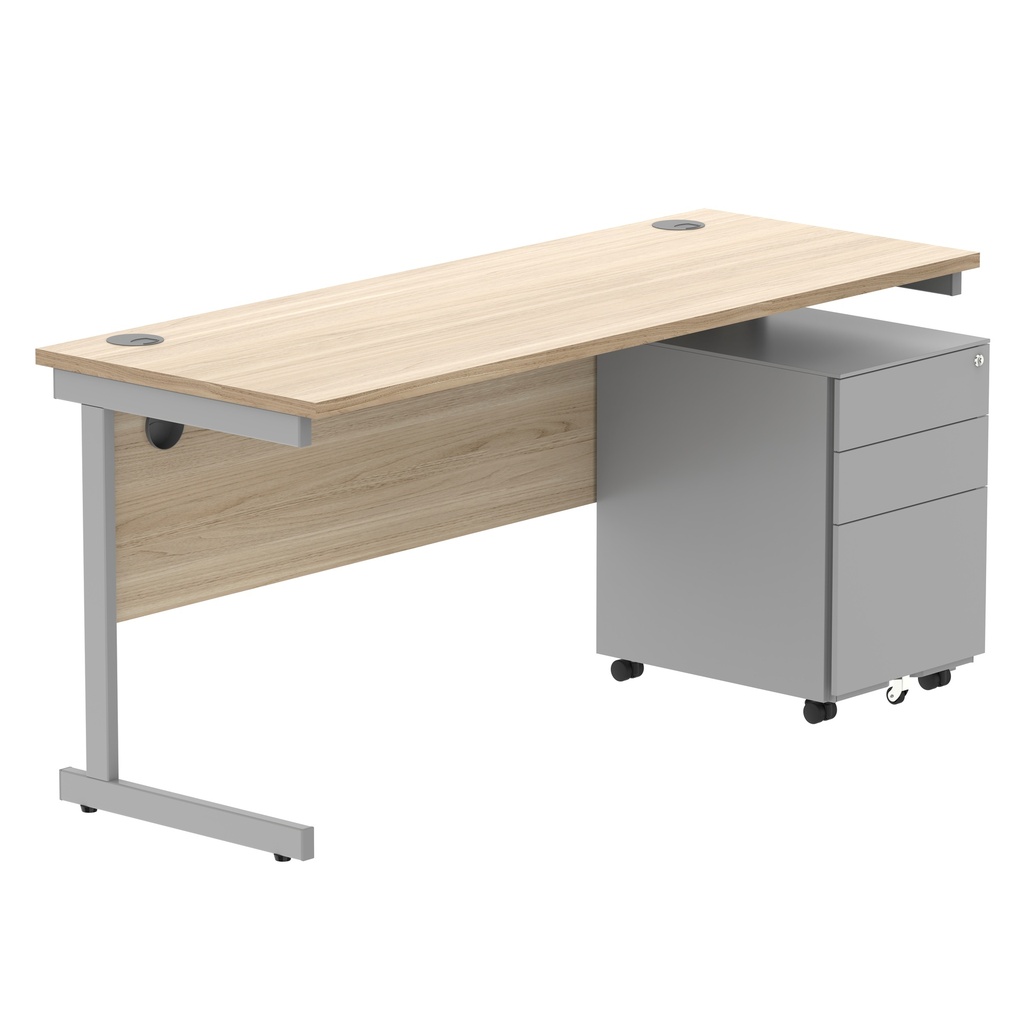 CORE Single Upright Rectangular Desk + Under Desk Steel Pedestal 3 Drawers (FSC) | 1600 X 600 | Canadian Oak/Silver