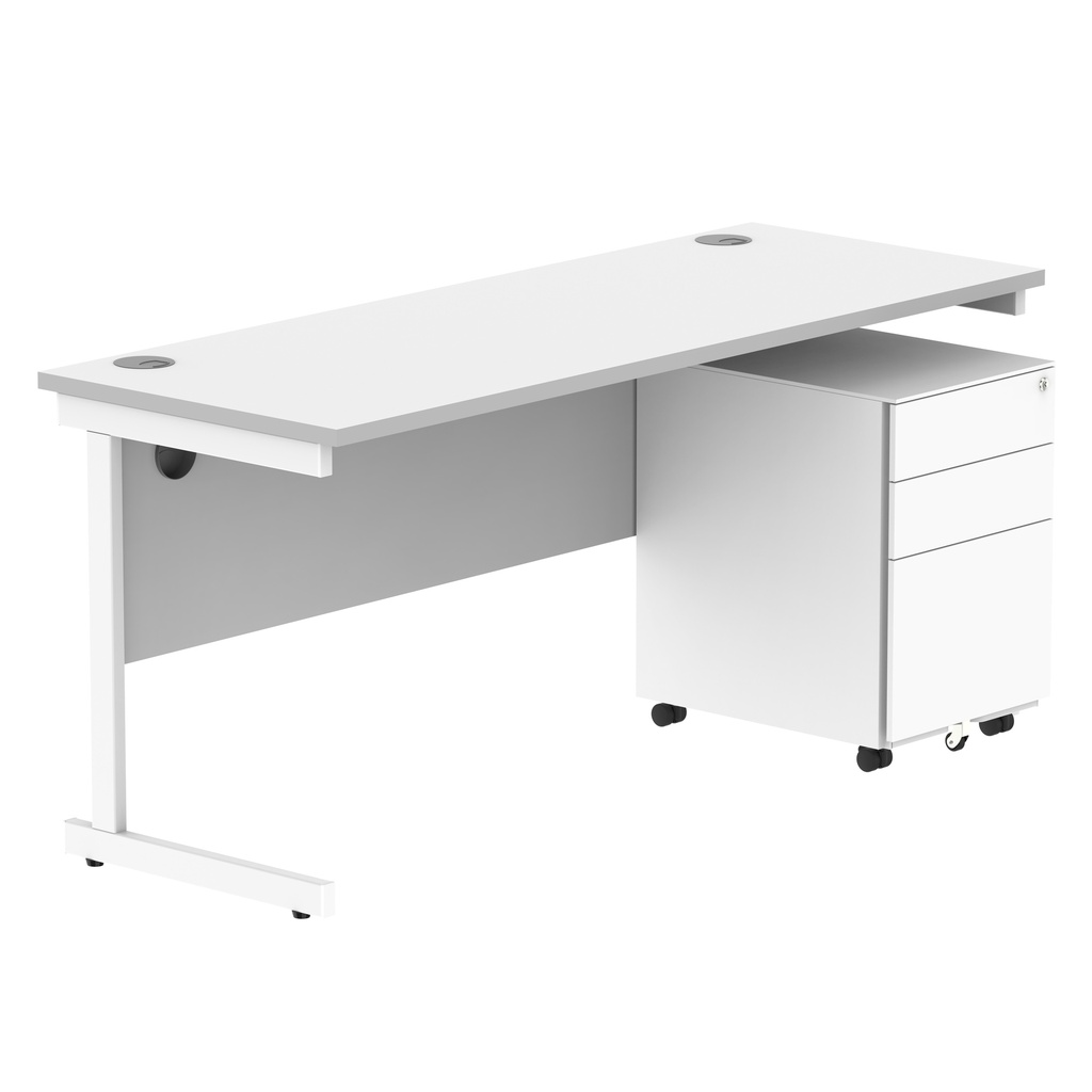 CORE Single Upright Rectangular Desk + Under Desk Steel Pedestal 3 Drawers (FSC) | 1600 X 600 | Arctic White/White