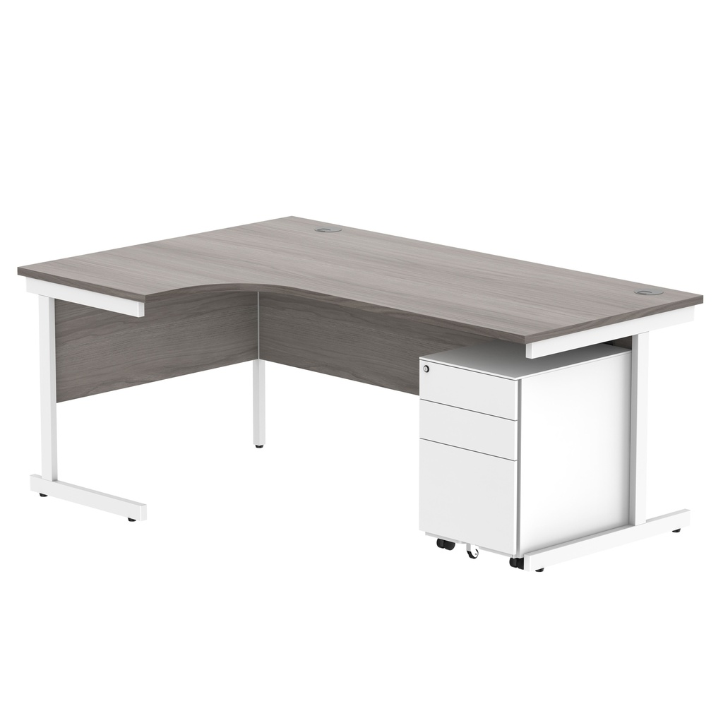 CORE Single Upright Left Hand Radial Desk + Under Desk Steel Pedestal 3 Drawers (FSC) | 1800 X 1200 | Alaskan Grey Oak/White